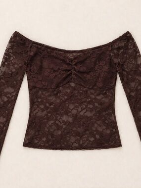 Sheer Lace Off-Shoulder Top in Chocolate Brown in XS